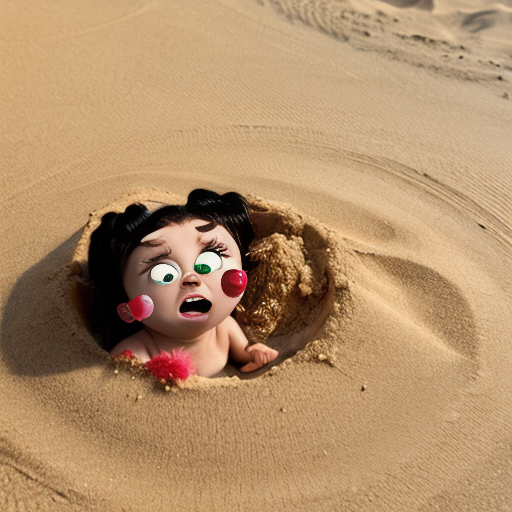 The powerpuff girls buttercup buried up to her neck in sand only her head sticking out packed in by bubbles