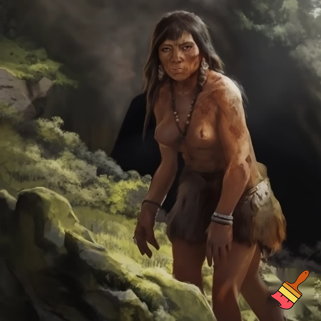 Make me a picture of a lady who is from Georgia and make it so she’s a native and like she’s like a cave lady