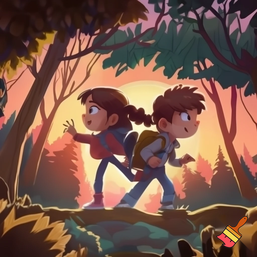 Two kids one girl one boy back to back in a forest sunset adventure  cartoon
