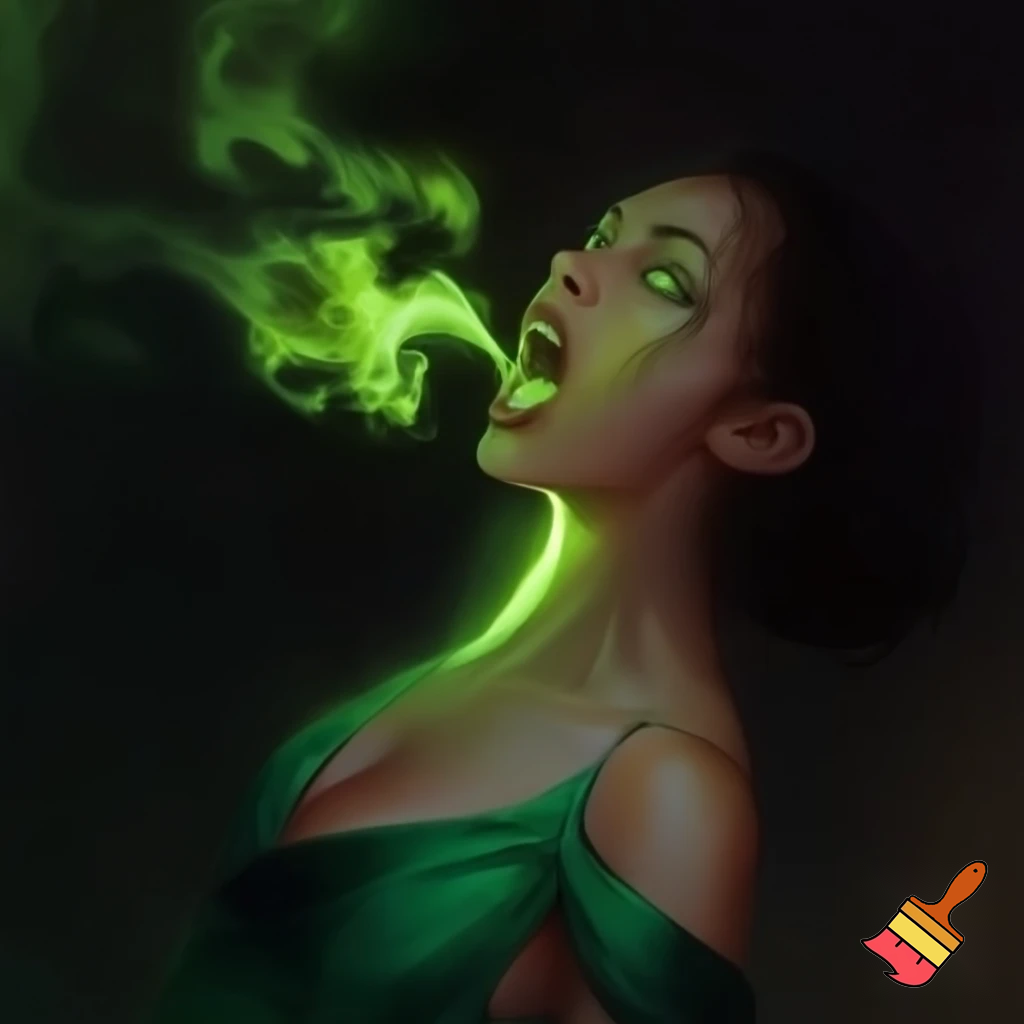 side profile of a young woman who has a wide open mouth, with a glowing green throat, glowing green eyes, and green flames spilling from her mouth, low cut green dress