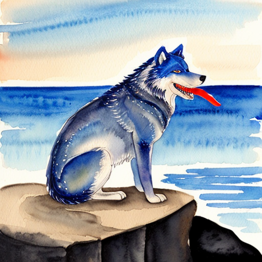 create an image of a glowing blue wolf, with glowing red eyes and a crocodile mouth. Its on a rocky cliff over seeing the sea