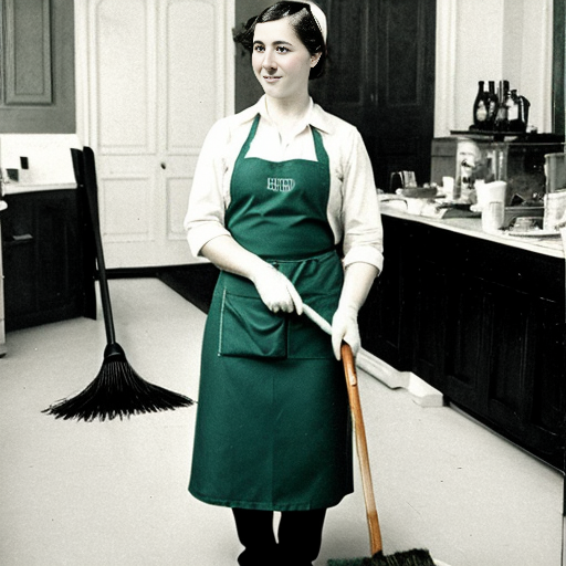 Una cameriera vestita di verde che spazza a terra, con un grembiule ed un foulard intorno ai capelli. Stile 1900