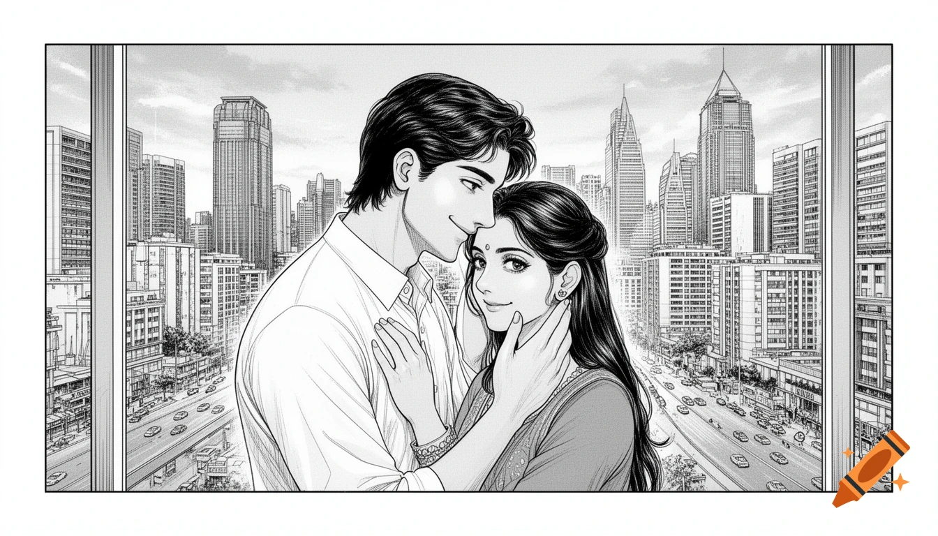 black and white manga first page, Indian couple in love living abroad, modern city outside India, soft romantic atmosphere, detailed ink line art, Japanese manga style, expressive emotions, gentle body language, cinematic composition, manga panel layout, no color