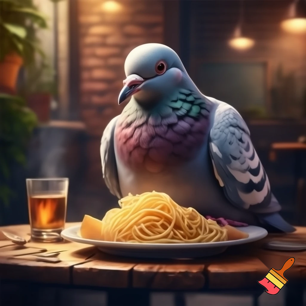 The Pigeon is in a cozy cafe eating spaghetti and potato chips with barbados rum.