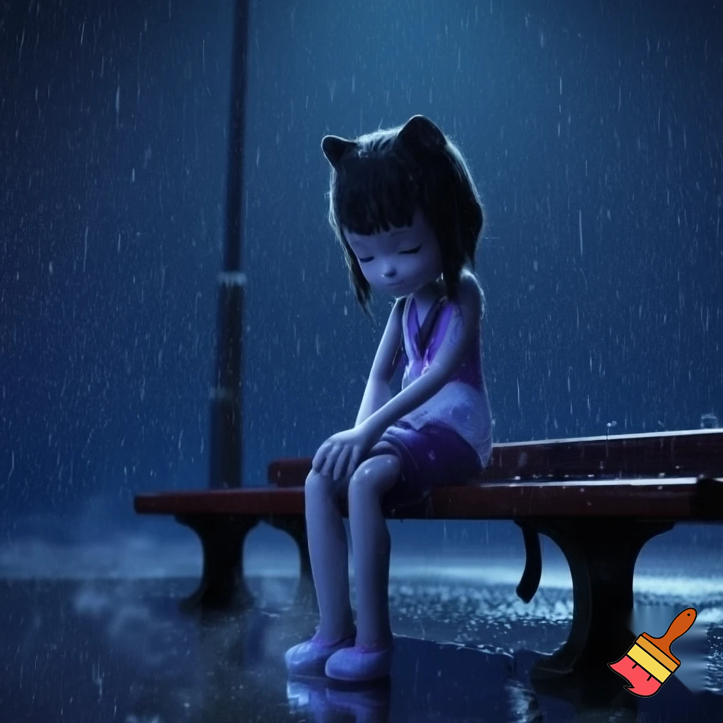 “3D cinematic shot of the cat-girl sitting on a street bench under a dim streetlight, drenched clothes, soft raindrops on fur, eyes downward, emotional mood, dark blue night tone, high detail, same character face and dress.”
