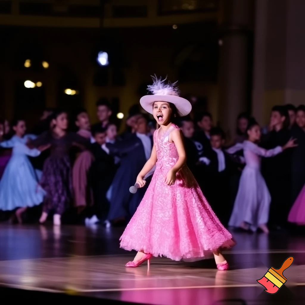 Preteen Girl in Sparkling Pink Ballroom Gown High Heels Sequined Shiny Wide-brimmed Hat with Plumes Singing in Microphone on a big Stage. Behind her Ballroom Dance Kid Couples Dancing, Boys in formal stylish Tailcoats, Girls in beautiful Ballroom Gowns