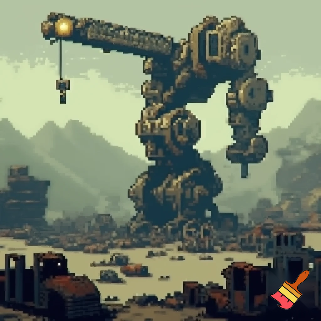 Make a pixel art of a enemy that is a robot crane head and has crane arms is really tall and is found in junkyards they could also shot balls of energy and this is a enemy for jumpbot the main charecters in our game