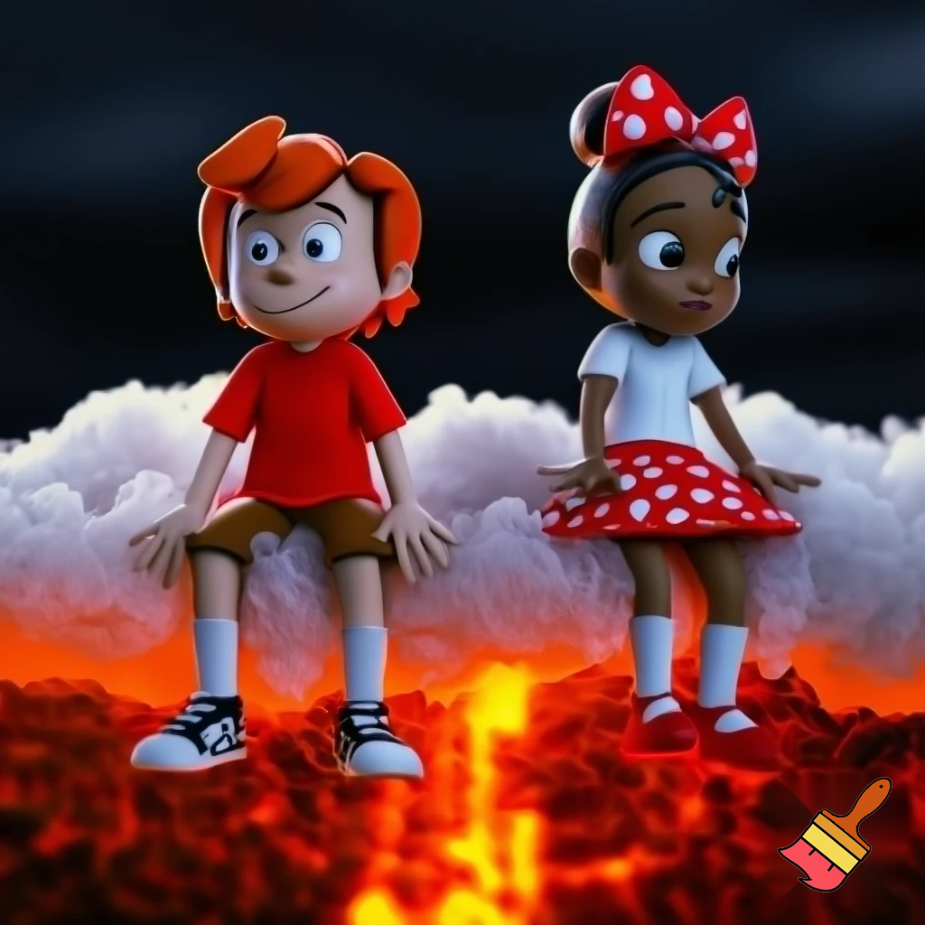 Little Dipper Pines hair red t-shirt brown short pants white socks black and white sneakers and Little Tiana red white dot bow in hair white t-shirt red white dot mini skirt white socks red shoes (the princess and the frog) on a sitting Cloud on a lava "Lava"