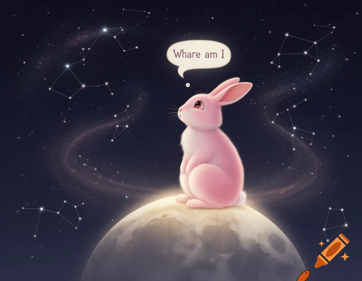 pink rabbit on the moon saying whare am i