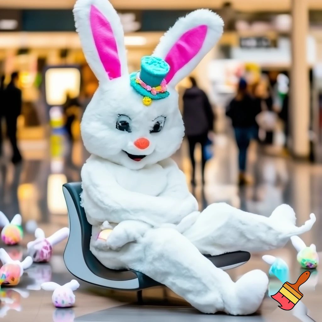Easter bunny mascot costume top hat shopping Centre colourful jacket  colourful top hat Easter bunnies chair in the shopping centre