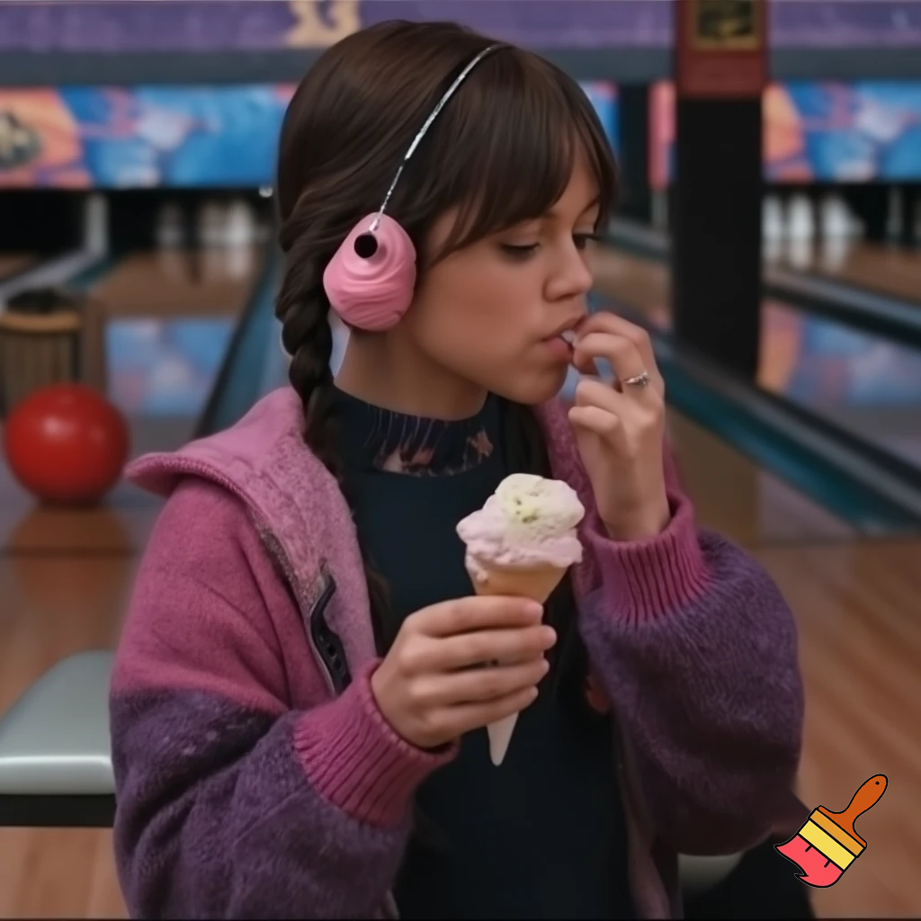 Jenna Ortega eating ice cream at a bowling place 