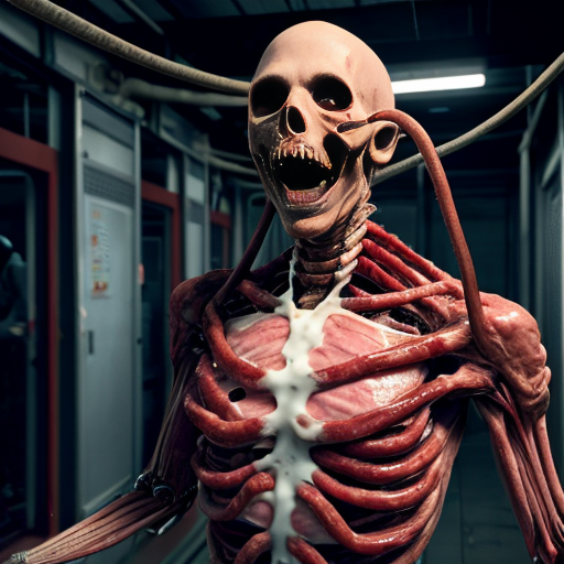 Hyperrealistic forensic/body-horror photograph, ultra-detailed 8k cinematic still, industrial meat-processing corridor or abandoned surgical facility with bright harsh fluorescent overhead lights and cold blue-white glow, reflective stainless steel walls and grated metal floor covered in pools of congealed blood and viscera, thick clusters of organic fleshy tubes/pipes (veiny meat tentacles fused with rusted metal pipes) running along ceiling and walls dripping blood and slime, central figure is a massive grotesque biomechanical abomination fused to a metal chair/gurney, humanoid torso with pale waxy skin split open exposing raw red muscle cavities and exposed organs, screaming open mouth with elongated jaw, multiple crimson fleshy tentacles/horns/antlers sprouting from head like parasitic growths, foam/froth around mouth and neck, lower body grotesquely elongated and segmented like stitched-together limbs wrapped in bloody ropes/cables, open abdominal cavity revealing nested smaller fleshy mutant forms inside, surrounded by rows of glass/metal-framed enclosures on both sides containing dozens of smaller deformed humanoid mutants, flayed skinless bodies, tumorous growths, missing limbs, exposed muscle and bone, all in various states of mutilation and fusion to pipes/walls, blood splatters, meat chunks, pus, and bodily fluids everywhere, wet glossy textures, realistic skin pores veins capillaries glistening moisture, practical special effects makeup style, shot on Arri Alexa 65 with 50mm anamorphic lens, shallow depth of field sharp focus on central abomination's face and torso, volumetric god rays through fog and steam, HDR, grainy 35mm film emulation, raw documentary horror style, no cartoon stylization, pure photorealism --ar 16:9 --stylize 100-150 --q 2 --v 6 (adjust params for your generator)