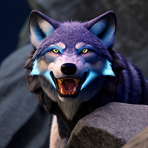 create an image of a blue wolf with glowing fur, glowing red eyes ,gleaming fangs and a crocidile face . It is on a rocky cliff