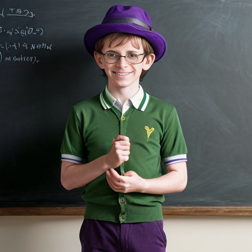 A scene from a 1980's animated Don Bluth movie of a little boy with pale skin, green eyes, freckles, short black combed-back hair, wearing a plum purple trilby hat with a green band, big round black glasses, a white short-sleeved polo shirt with a plum purple cardigan sweater over it, a green bowtie, darker plum purple shorts, white & green striped socks, and darker plum purple oxford shoes, holding a piece of chalk in his hand, and standing in front of a chalkboard with a ton of equations written on it, with a smug smile on his face.