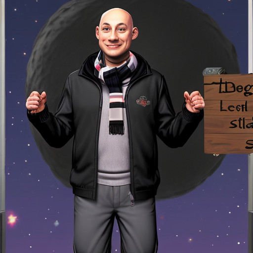 грю(представляет из себя худого лысого человека с длинным носом и ногами. Носит он практически всегда одно и тоже: черную куртку и брюки, серый свитер и такой же шарф.)танцует в космосе с табличкой на которой написано DARK STEEL