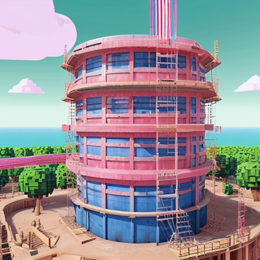 a pink construction site with a bunch of tilted pink layers with blue ladders going to each one and at the top there's donkey kong and at the middle a mario with red overalls and and a blue shirt and there's barrels on the tilted pink layers, make it all 8 bit