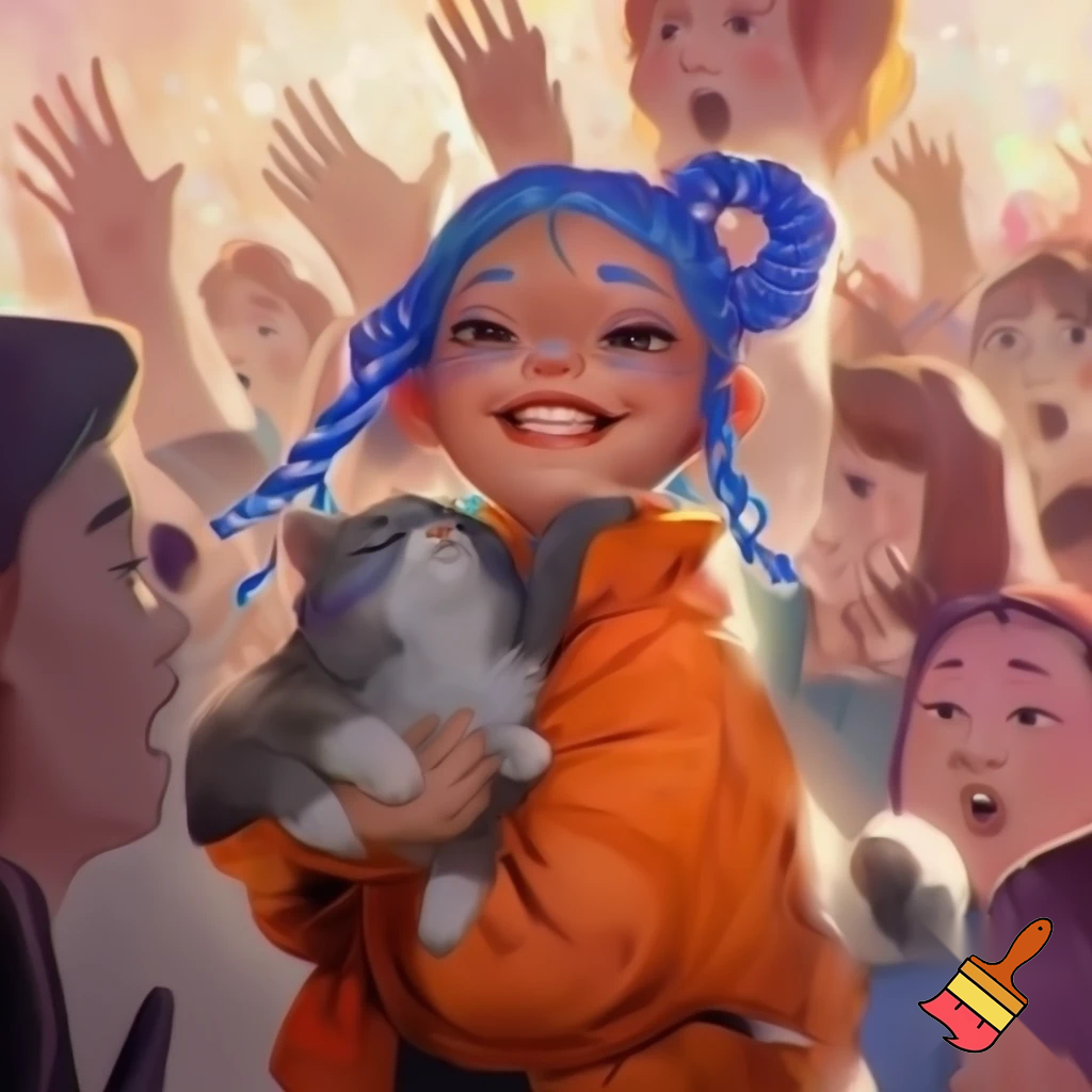a girl with blue hair braid and a orenge jacket holding a cat and a smle all the people like her she was so famous