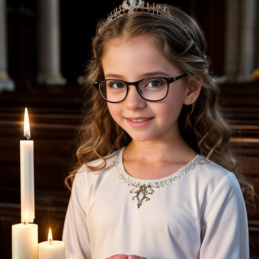 Cute adorable niña Chilindrina glasses con hair curly Blonde con corona Flores con verano elegante formal primera comunión sensual sexy con holding vela dé candela con altar con iglesia templó católico 2