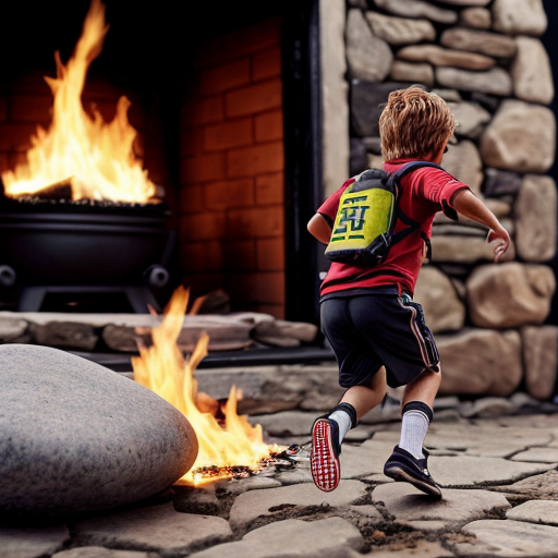 A boy running out of a fire on a small stone house