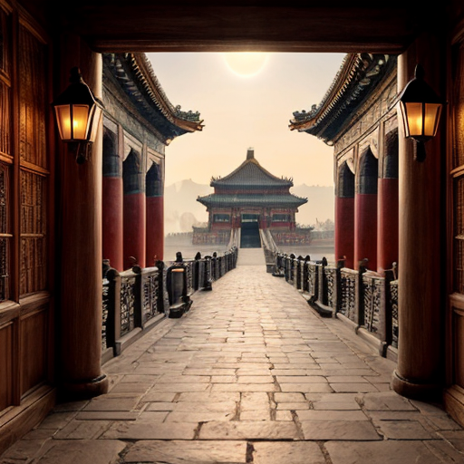 Prompt (single paragraph): Ultra-soft, dreamy depiction of an early-morning Forbidden City courtyard wrapped in pale golden mist, empty stone pathways, glowing red palace walls, faint lantern light, calm sky, gentle dust motes floating in sunlight, no people, serene, meditative atmosphere; style: hyperrealistic watercolor with soft edges; lighting: warm diffused dawn light; aspect ratio 16:9; cinematic stillness, tranquil historical ambience.
