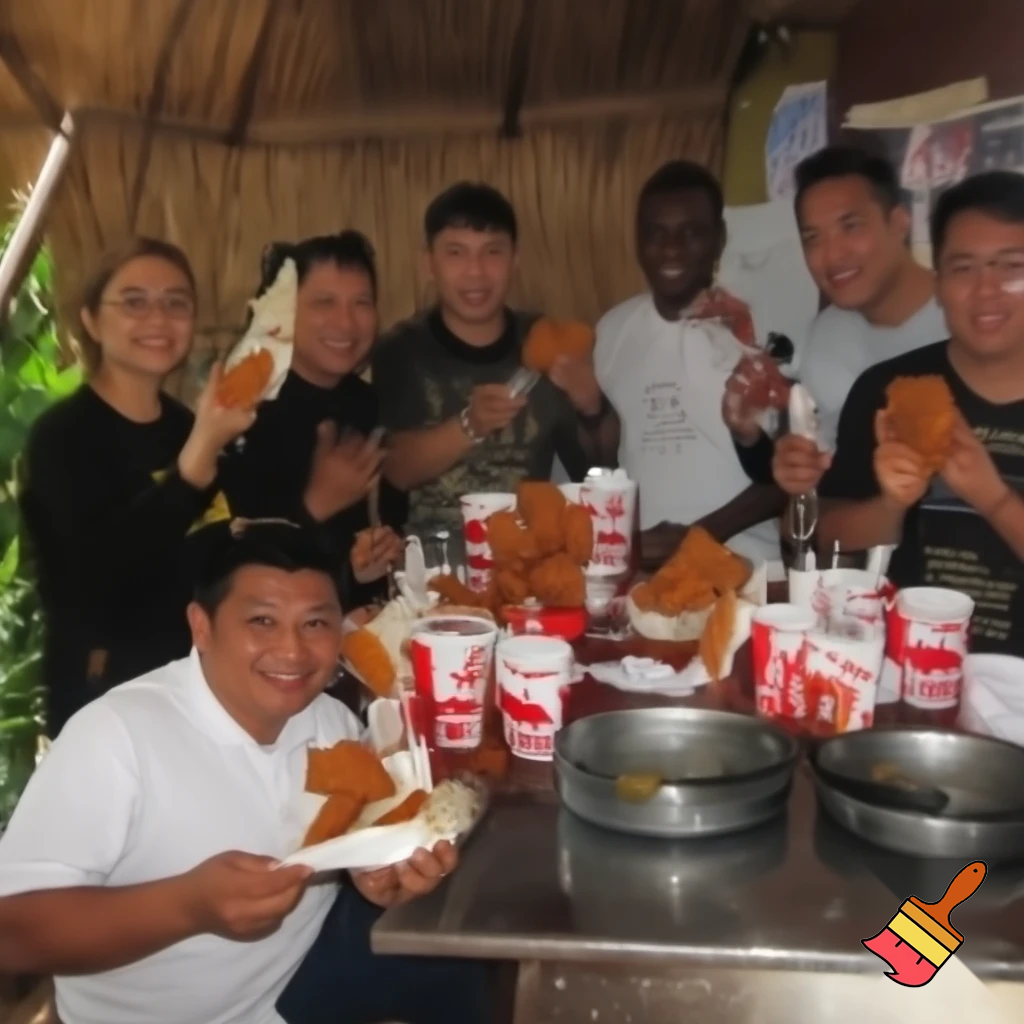 Hazme una grupo de personas en la selva cocinando pollo frito KFC