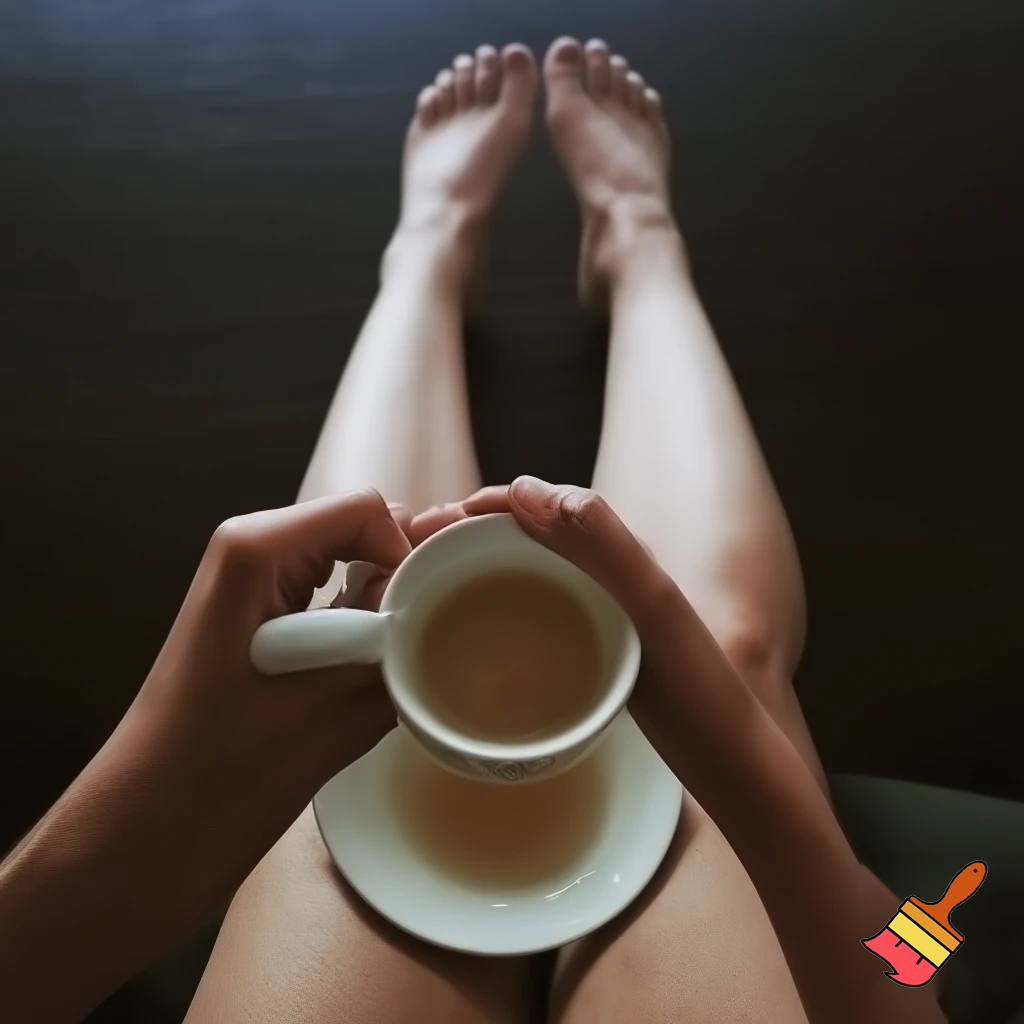 Naked person drinking tea with her legs wide open
