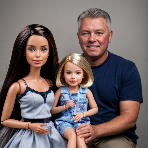 make a family photo of 3 with a 3 year old barbie and a 15 year old ken with there dad.   make barbie 3 years old