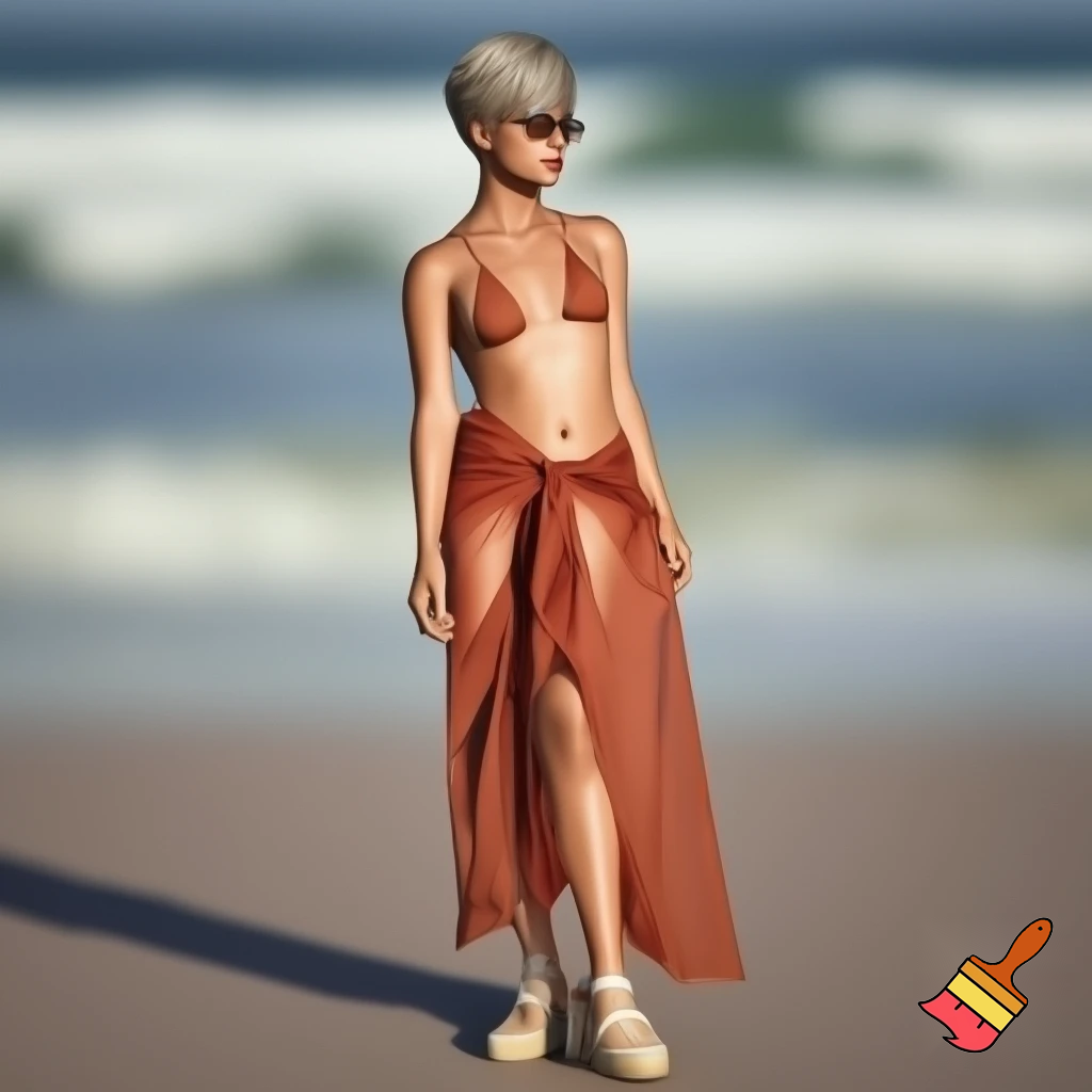 Attractive woman with an ash blonde pixie cut wearing rimless sunglasses, a triangle bikini, a sarong and espadrille wedges 