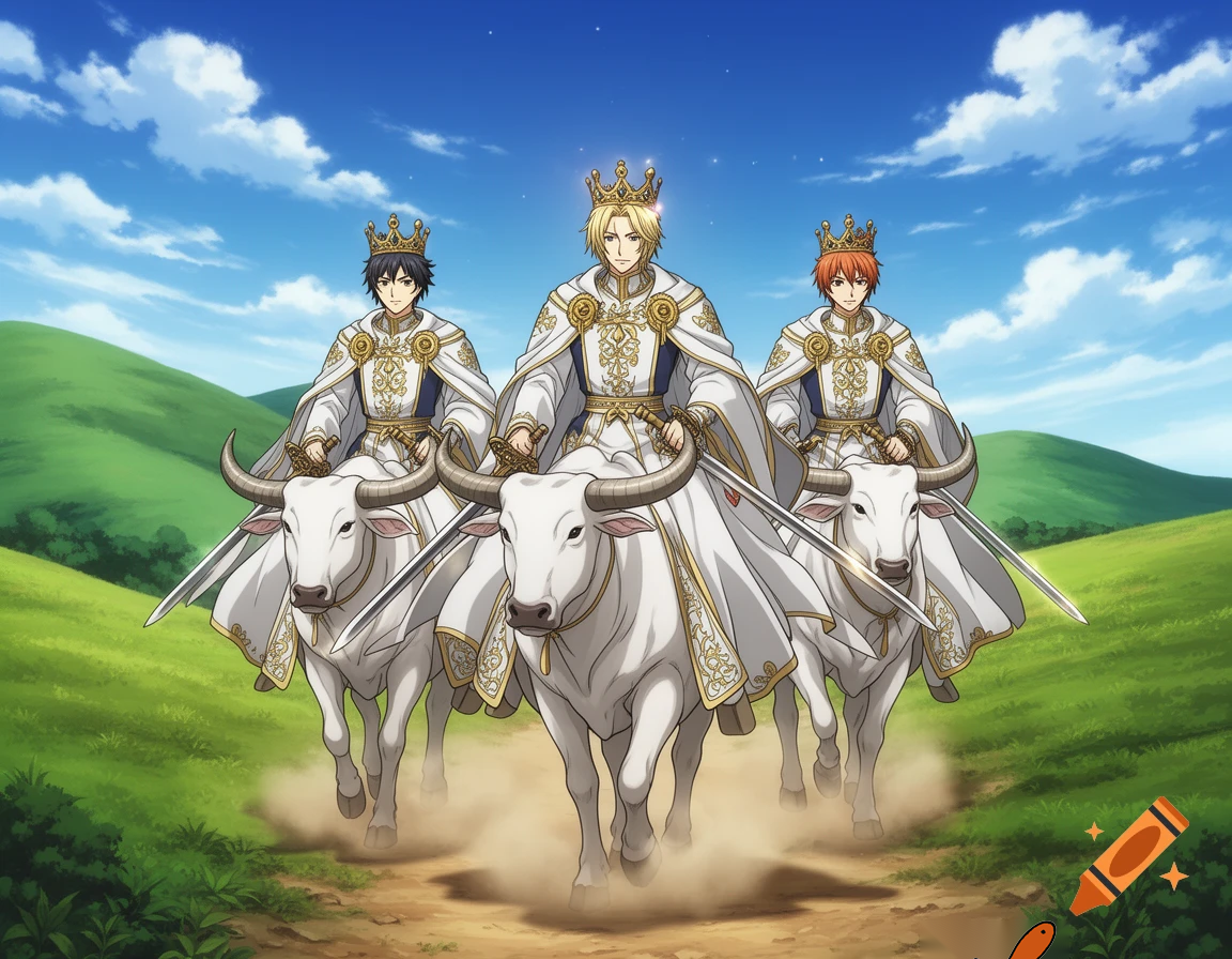 three young man wearing crowns,swords and royal robes riding white oxen in village hills 3D anime cartoon 