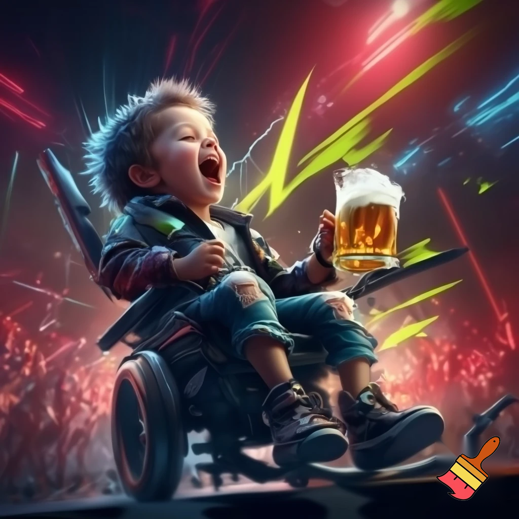 niño en sillas de ruedas loco cantando rock con cerveza
