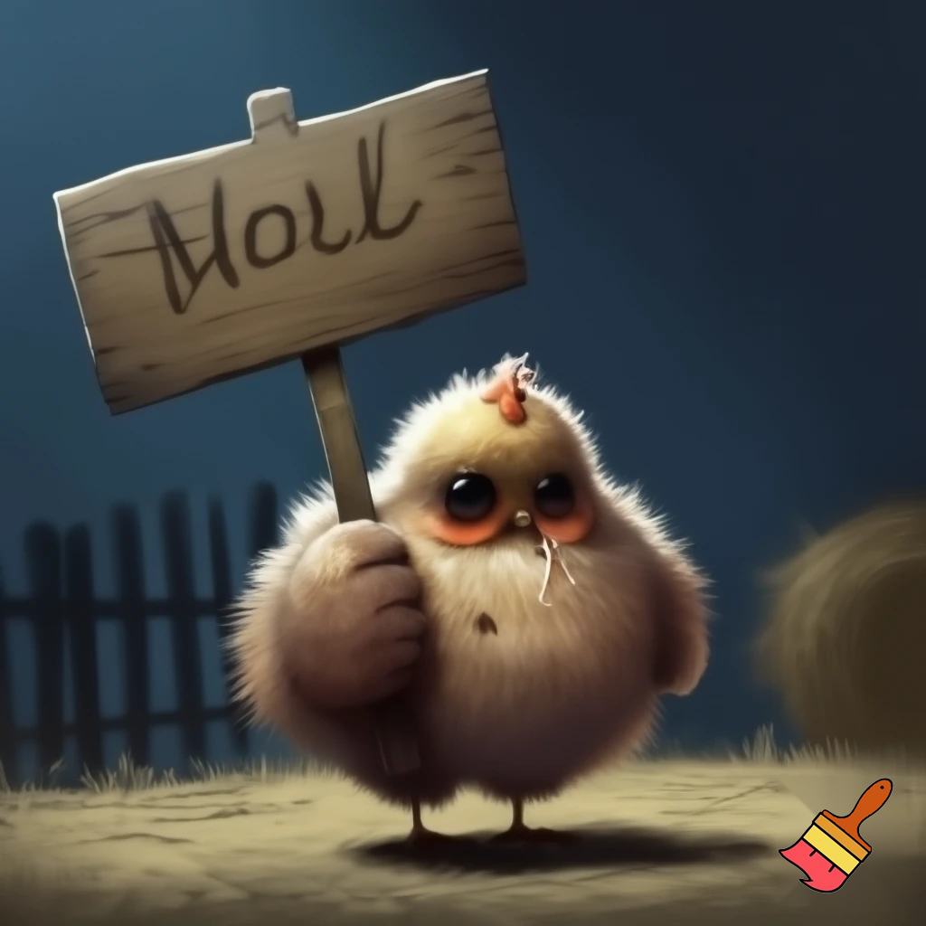 chicken holding up a sign that says "peck?" and make the chicken look sad