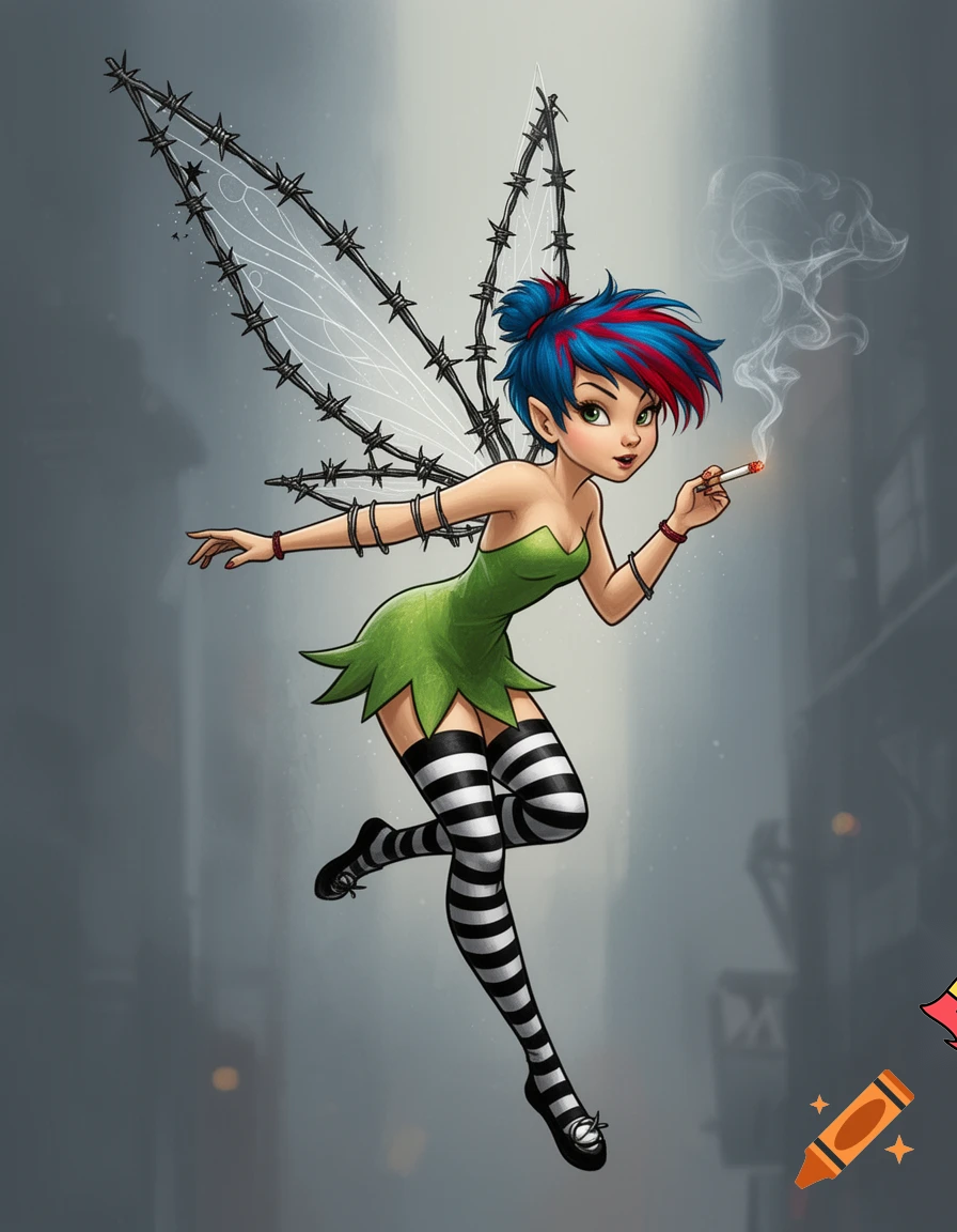 Disney style Tinkerbell, punk rock, thigh high socks black white striped, barbed wire wings, smoking a cigarette 