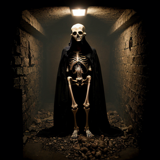 "Hyperrealistic dark horror photography, two central figures standing in a decrepit underground crypt or dungeon. Left figure: skeletal demon wearing a tattered dark charcoal suit with a pentagram tattoo on exposed chest cavity, ram/goat horns curling from a bleached skull head, decomposed hands hanging at sides. Right figure: skeletal undead entity draped in a flowing deep crimson/burgundy hooded robe soaked and dripping with dark glistening blood, exposed ribcage visible through the robe opening, golden saint's halo above the screaming skull face, mouth agape in a silent shriek. Flanked by two decaying upright skeletons on each side, partially covered in dried blood. Floor completely covered in scattered human skulls and bones. Background stone wall features inverted crosses carved or painted in aged gold/ochre. Dense atmospheric fog and smoke filling the space. Lighting: single dramatic underlighting with a cold blue-grey ambient fill, warm amber rim light catching the bones, high contrast chiaroscuro. Shot on film camera, grain texture, photorealistic, cinematic horror, 35mm lens, editorial dark art photography aesthetic."