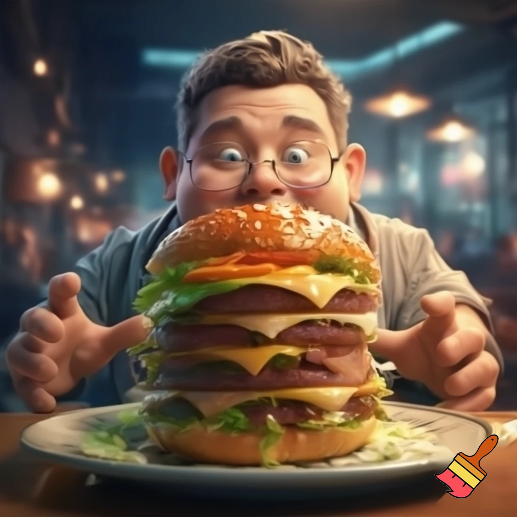 a fat man trying to get a huge burger with a hidden slice of a orange