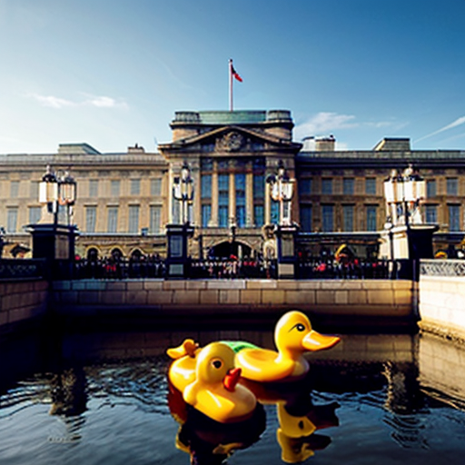 Buckingham palace but the building is yellow and rubbery in appearence, similar to a rubber duck. The building itself has duck like features such as a bill. This image will not include actual ducks but the building itself has a ducklike appearence