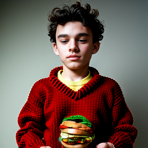Barna tüskés kissé elvis kunkoros hajú minimálisan kövér fiú sárga tádzsik juh gyapjú puloverben nyak nélküli összeérnek szemei de van elválasztó hamburgert eszik és 2D-s legyen NE LEGYEN REÁLIS CSAK 2D A FIU VIDÁM LEGYEN 10-12 ÉVES ÉS NE LEGYEN KÖZE MÁS DOLGOKHOZ de ember fiu legyen csak a pulóvere gyapjú

