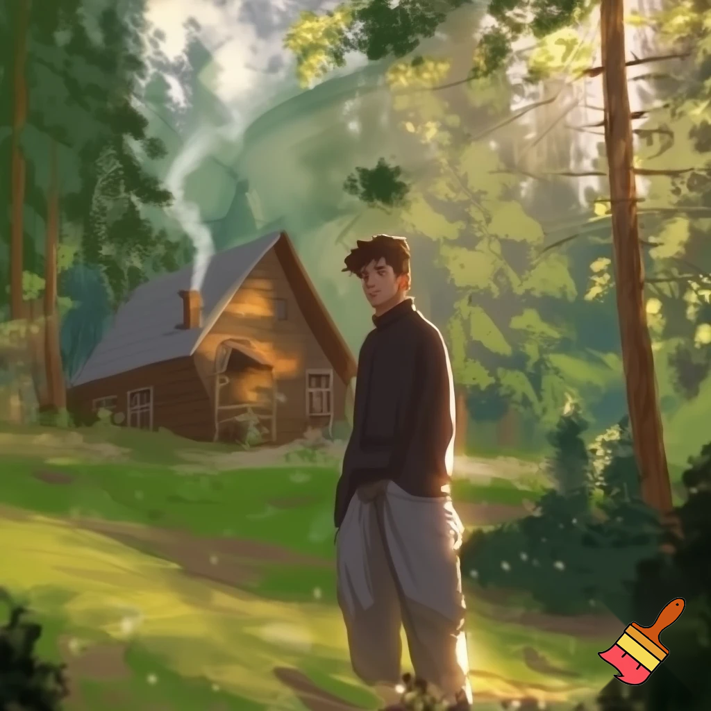 A dude with baggy clothes in the forest near a cabin 
