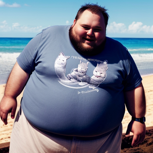 A fat man on the beach wearing virolo cat t-shirt