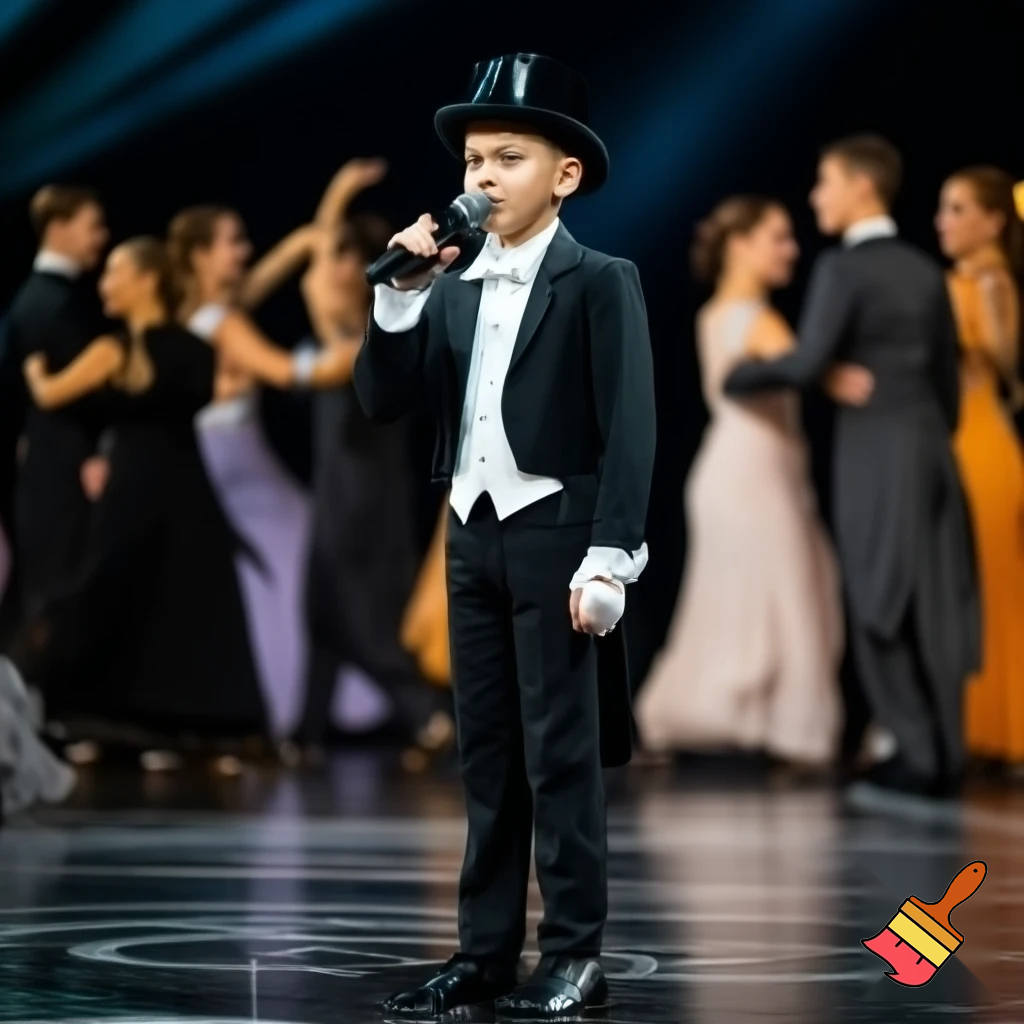 Preteen Boy in Shiny Top Hat White Bowtie Black Tailcoat Black Shoes Singing in Microphone on a big Stage. Behind him Ballroom Dance Kid Couples Dancing, Boys in formal stylish Tailcoats, Girls in beautiful Ballroom Gowns