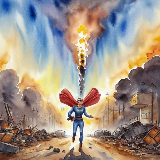 a superhero flying while  carrying a dog from a bomb explotion. show a destroyed city in the baground  horrizon up in flames and make the whole pictur have colour

