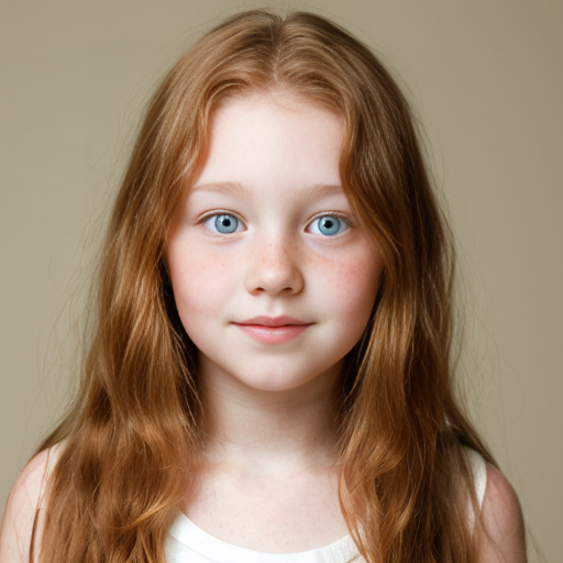 a girl 14 yeras old with long ginger strait hair round face lots of freckles
