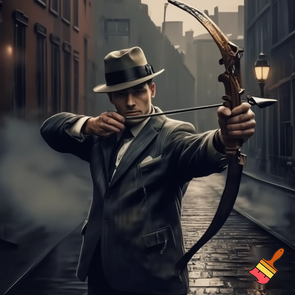 Classic 1950s mafia Mobster bow hunting in Boston 