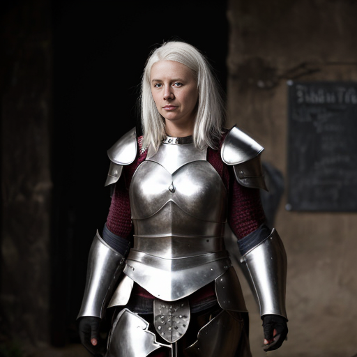 Tall young white-haired woman in armor