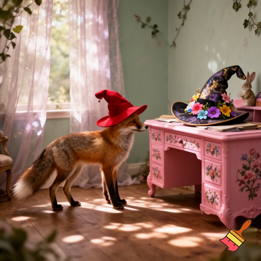 so the fox with a red hat sneek inside of the pink rabbit deask and garb her magic flower