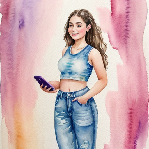 Girl who is generation alpha around 15 wearing a crop top with baggy jeans and uggs minis on. Have her holding her phone in her right hand scrolling on it with her hair down and curled,  with her standing up. 