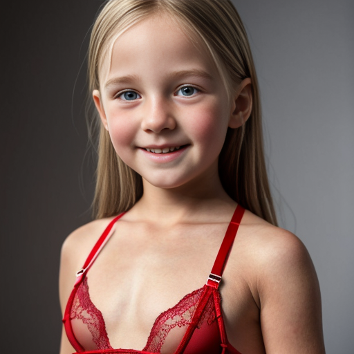 Crea la imagen real de una niña rubia  de 10 años con disfraz de lenceria color rojo transparente 