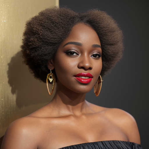 Generate an art-portrait of a young African American woman, resembling Whitney Houston, with a spiral afro hairstyle. She wears a copper-orange satin off-the-shoulder top, red lipstick, and sapphire earrings. The image has a background with gold fragments that look like gold leaf.
