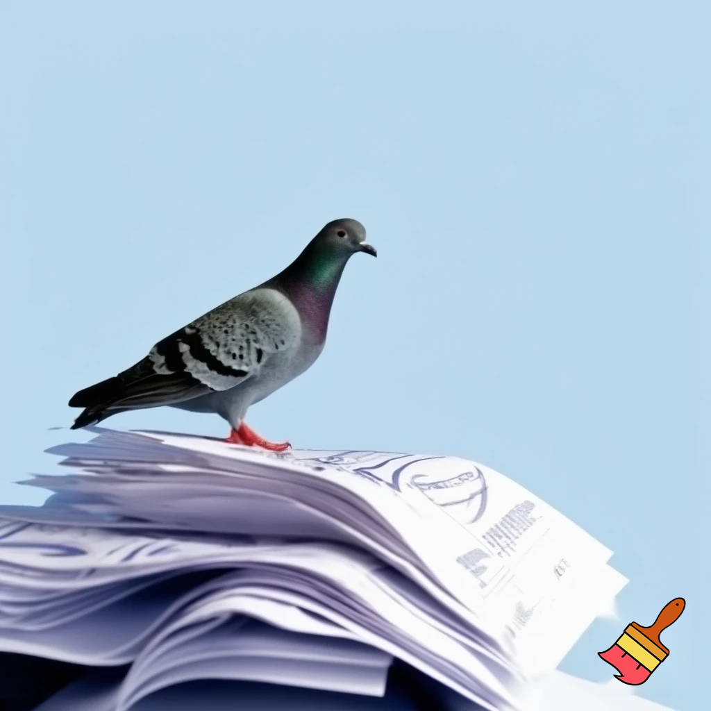 A pigeon on top of a pile of papers with the words "Income Tax" written on them