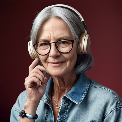génère moi une femme de 60 ans qui a un brushing cheveux soignés , des écouteurs , elle tient un télephone ,elle porte une paire de basket colorés  , un long manteau beige , un chemisier a fleur rose clair , un jean baggy bleu , une paire de lunettes fines , a son poignet elle porte une montre  , elle porte des bijoux 