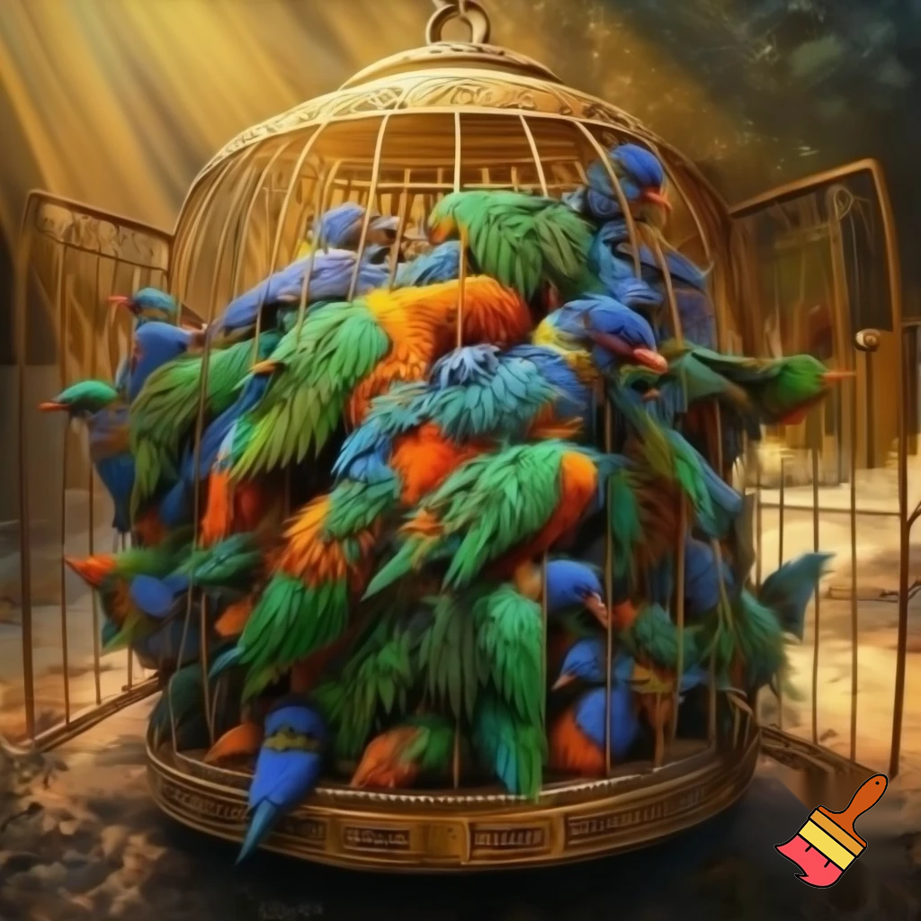 pile Of birds in one big cage